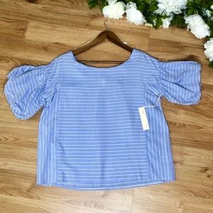 Blue White Stripes Blouse with Puff Sleeves